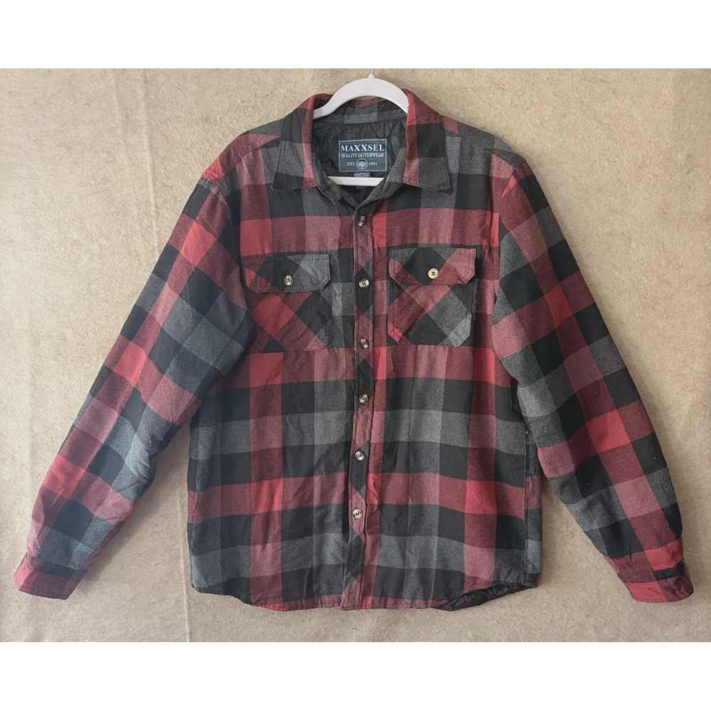 Maxxsel Outerwear Flannel Shirt Jacket‎ Mens Sz L Red Gray Check Quilted Pockets